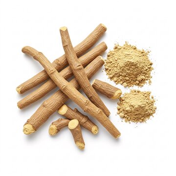 A pile of brown Mulethi sticks, with two heaps of powder and three round slices,