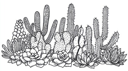 Black and white illustration of various desert plants