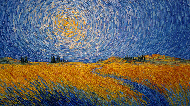 educational visual for art movements | unspoken sadness | existential brightness | ultramarine and ochre | asymmetric rhythm | wind-blown grass | circular sky motion | color vibration | southern