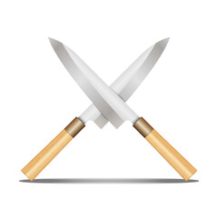 Crossed chef Japanese knives with sharp silver blades and wooden handles, realistic 3d vector clipart objects isolated on white background, kitchen equipment, or culinary competition poster.