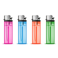 Set of four transparent plastic lighters front view in pink, blue, orange, and green colors with metallic tops arranged in a row isolated on white background, realistic 3d vector illustration.