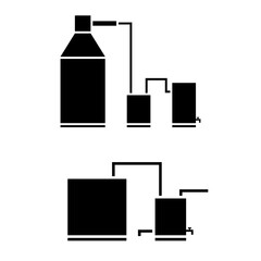 Simple schematic diagram of traditional moonshine stills icons with pipes and containers, minimalist black silhouette illustration, distillation process for alcohol production or ethanol extraction.