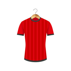 Red athletic t-shirt front view with subtle vertical stripes on hanger sportswear mockup isolated on white background, realistic vector blank uniform for football, soccer or team presentation.