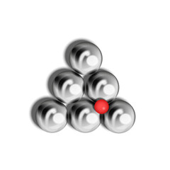 Realistic 3d pétanque metallic boules arranged in triangular formation with a red target ball, detailed vector illustration of traditional French outdoor game equipment isolated on white background.