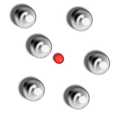 Strategic pétanque balls arrangement around central red target jack top view, realistic metallic boules scattered on white background, realistic 3d vector illustration precision game.