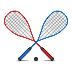 Two crossed squash rackets realistic 3d vector red and blue colors, and a black rubber ball isolated on white background front view, symbol of squash sport competition, training or active lifestyle.