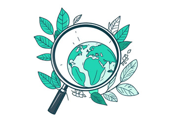 Earth viewed through magnifying glass, surrounded by leaves