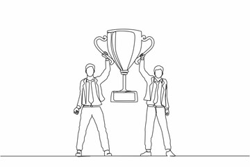 Continuous one line drawing two men holding golden goblet. Winners celebrating victory. Businessman with prize, trophy cup. Celebration business team success. Single line draw design vector graphic