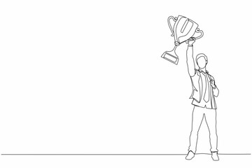 Single continuous line drawing businessman with trophy standing with arms lifted in the air. Man celebrating his business award. Winner and reaching goals concept. One line draw graphic design vector