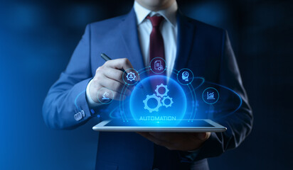 Businessman Holding smartphone with Automation Process Icons on Screen. Business and Industry concept