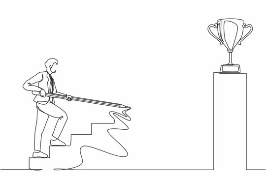 Continuous one line drawing businessman use huge pencil to draw rising up stairs, walk climbing up ladder, and try to reach trophy cup. Business development successful. Single line draw design vector