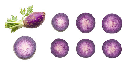 Purple radish slices, whole radish