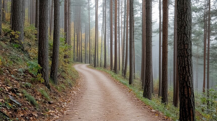 Naklejka premium Narrow forest trail winds through tall trees, enveloped morning mist, creating serene atmosphere