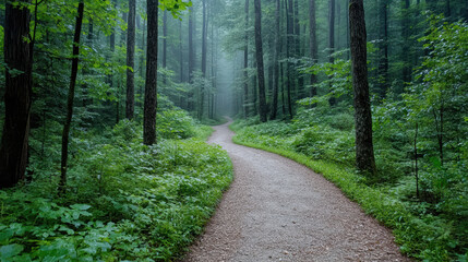 Fototapeta premium Narrow forest trail winds through lush greenery, enveloped morning mist, creating serene
