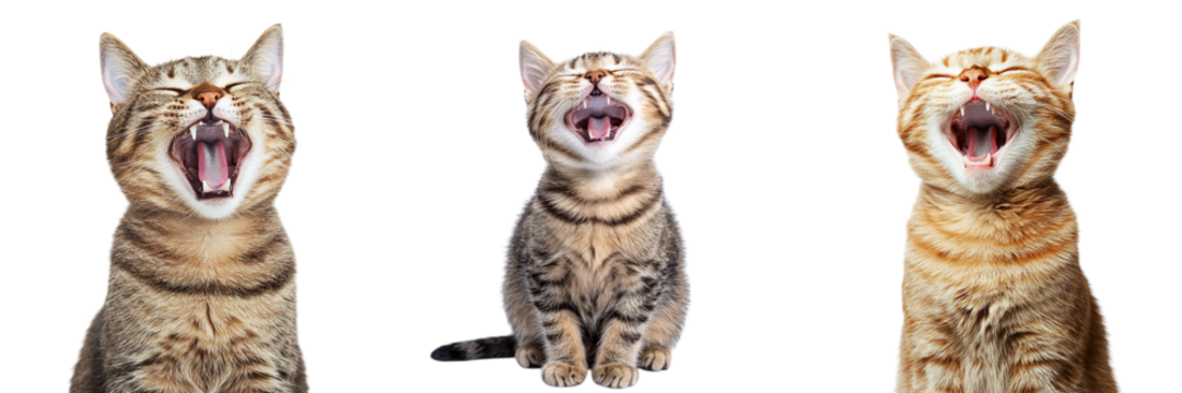 Set of cute laughing cats isolated on transparent background PNG