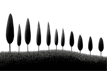 Dark grayscale trees on a hill