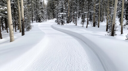 Winding snowy forest trail through quiet winter landscape, surrounded by tall trees