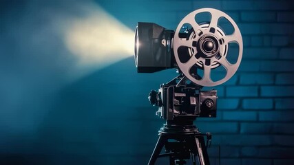 Vintage film projector with illuminating light beam on a brick wall background - Powered by Adobe