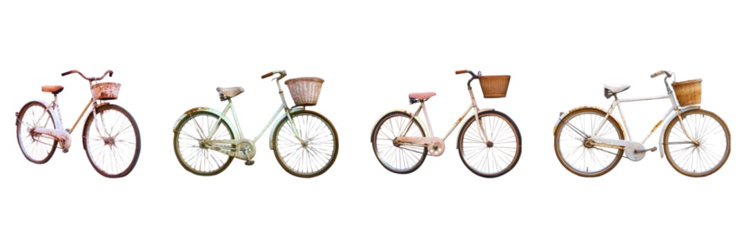 Vintage Bicycle Cut-Out Set. Nostalgic Retro Design Collection Isolated On Transparent Background