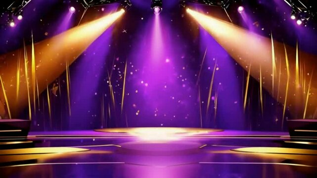 Illuminated stage with purple and gold lighting, ready for a performance or award ceremony.
