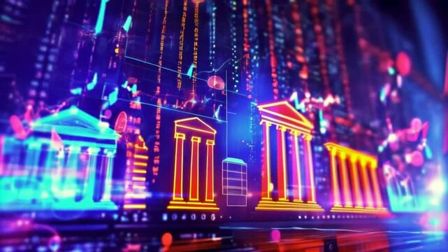 Digital representation of ancient architecture overlaid with financial data, vibrant colors and glowing lines.