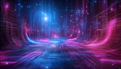 Abstract Glowing Data Network Tunnel Background in Cyber Blue and Magenta