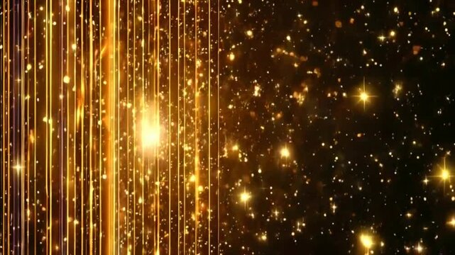 Golden light streaks and sparkling particles illuminate a dark background, creating a celestial, abstract effect.
