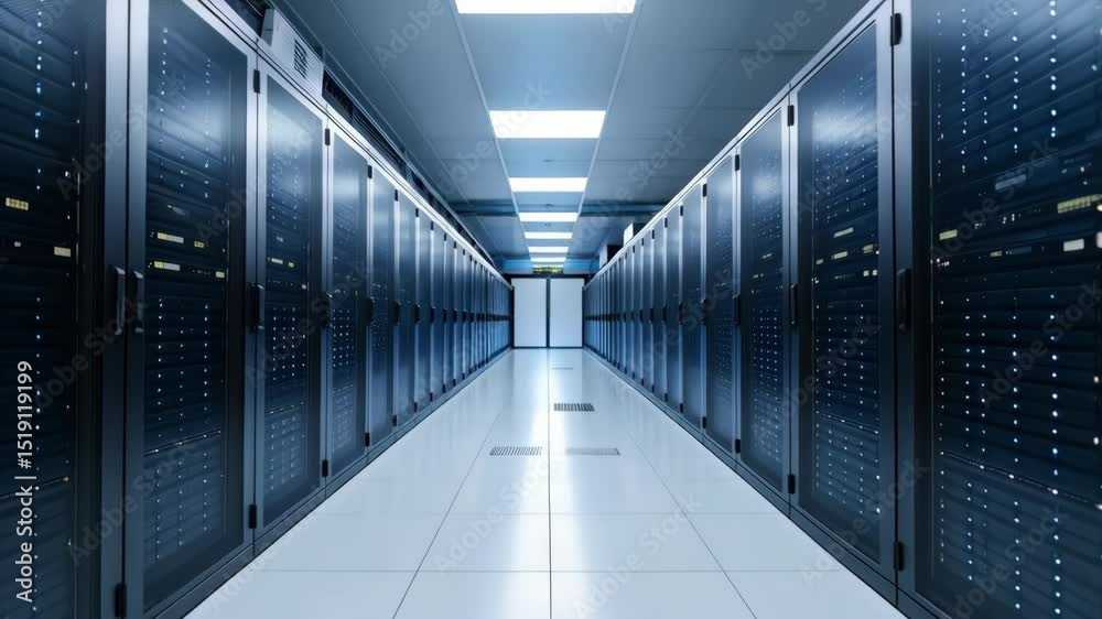 Poster aisle view of modern server room with parallel rows of data center equipment in a secure and climate