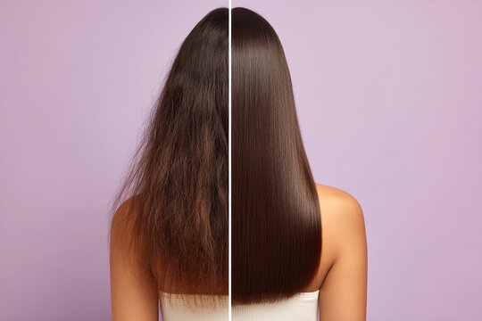 Before and after hair treatment shows drastic difference in hair texture, from dry, damaged strands to smooth, shiny, healthy hair.