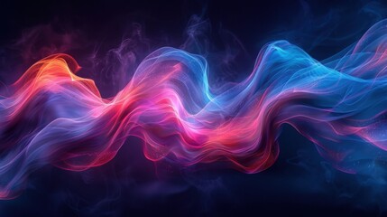 Fototapeta premium Vibrant glowing energy wave gracefully undulating across a dark background showcasing an ethereal color palette of blues, purples, and reds for modern design applications
