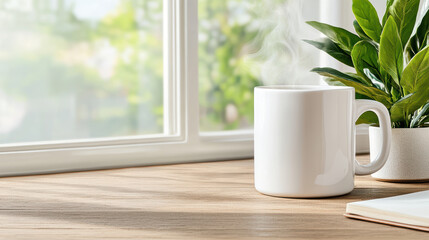 Serene scene featuring neutral ceramic mug with steam beside journal and green plant