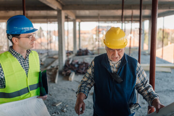 Engineers discussing blueprint on construction site