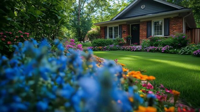 Charming Red Brick House with Manicured Lawn and Vibrant Flowerbeds Featuring a Variety of Blooming Flowers in a Lush Green Garden on a Sunny Day