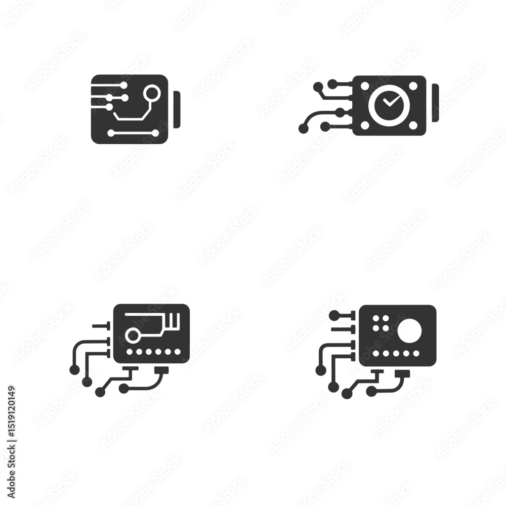 Poster set of four electronic circuit board icons representing different tech applications and systems
