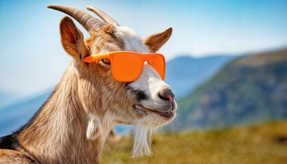 Whimsical Goat in Vibrant Orange Sunglasses Striking a Cheeky Pose amidst Breezy Grassland, Radiating Playful Energy and Humor