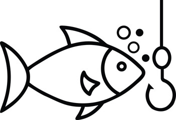 Fishing Concept Outline Vector – Fish and Hook. Fishing Vector Illustration Style.