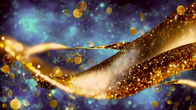 Abstract swirling golden ribbons against a backdrop of shimmering cosmic particles.