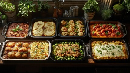 Six trays showcase pasta, gnocchi, meatballs, and various vegetarian dishes. Use it for catering services, culinary blogs, and healthy meal planning.
