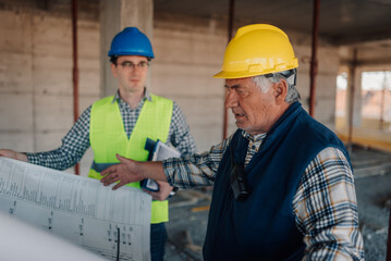 Construction workers examining blueprint on building site
