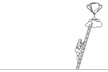 Single continuous line drawing businesswoman climb to trophy over clouds. Young female climbing ladder to success. Motivation concept to be successful. One line draw graphic design vector illustration © Simple Line