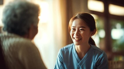   Care and Compassion: A caregiver offers a reassuring smile to an elderly individual, emphasizing empathy and dedicated service within a nurturing environment. The sun casts a warm glow.