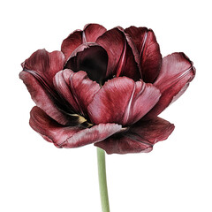 A single dark red tulip with a green stem is isolated against a solid black background in a studio shot