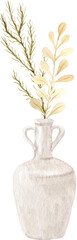 Watercolor boho vase with dried florals and tropical leaves. Pastel watercolor floral clipart for wedding wreath, bouquet frames, design decoration