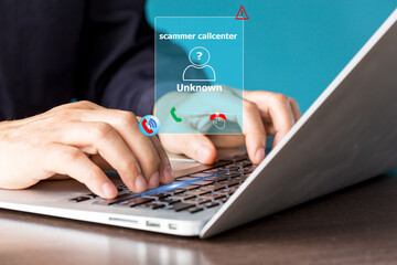  Phishing with Unknown Caller Alert. A phone displaying an incoming call from an unknown number call centre scammer, symbolizing fraud,  and spam call warnings. scammer or stranger, Prank caller.