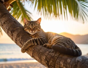 Obraz premium Chill in the Tropics – Tabby Cat Resting on a Palm Tree at Golden Hour