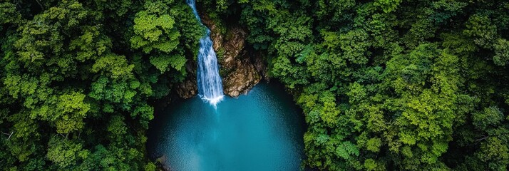 Aerial view of a waterfall cascading into a tranquil forest pool, surrounded by lush greenery
