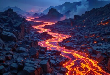 Lava flows through rugged terrain under a twilight sky in an active volcanic landscape