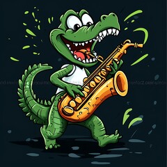 Obraz premium Cartoon Alligator's Jazzy Serenade: A Musical Performance with Reptilian Flair