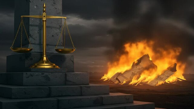 Golden scale of justice versus raging fire dramatic composition