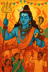Illustration of a blue-skinned deity holding a trident and drum, with people dancing below and flames in the background.